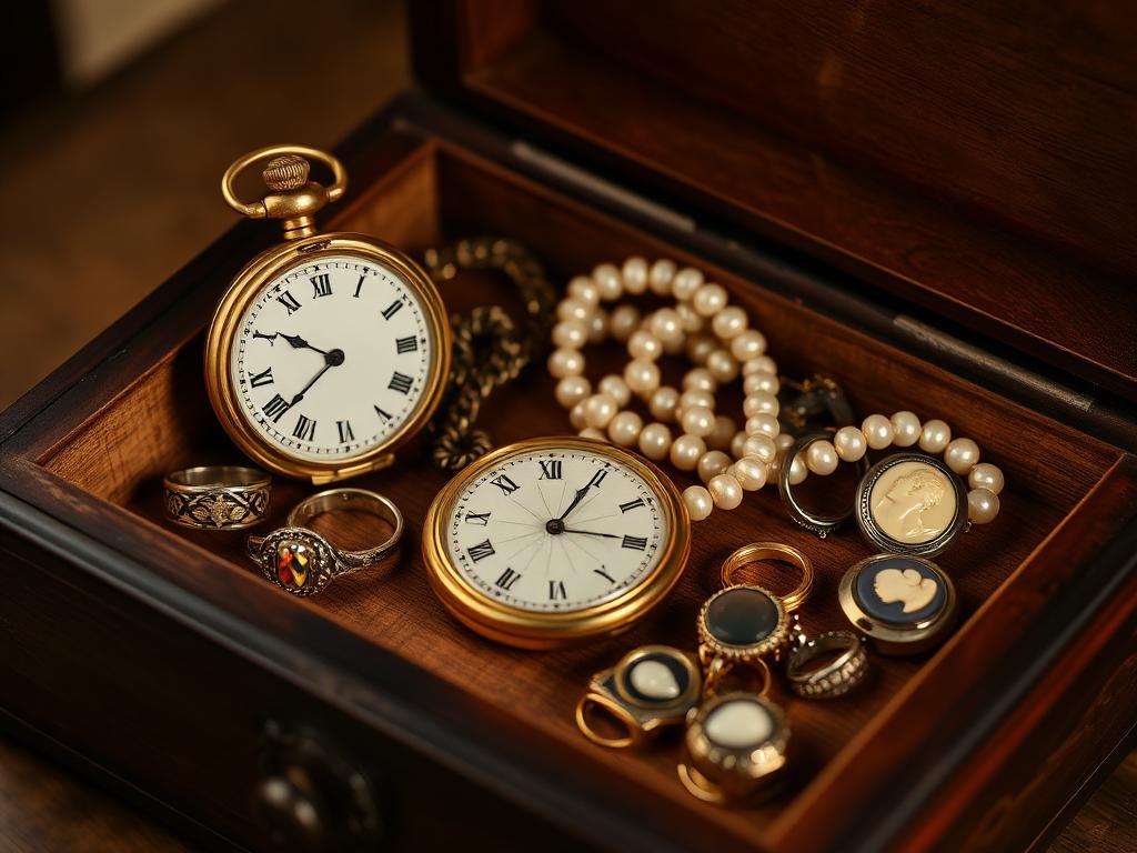 Open vintage sieradendoosje met parelketting, gouden trouwringen en zilveren broche op crèmekleurig linnen